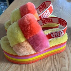 UGG Kids Colorful Fluffy Slippers - Yellow, Orange, Pink